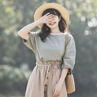 春夏季短袖t恤女學生韓版七分袖百搭純色中袖上衣服