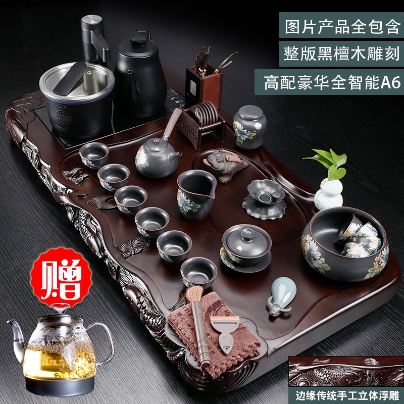 新款1.1米整塊黑紫檀實木茶盤高檔茶具辦公家用奢華全自動帶煮茶