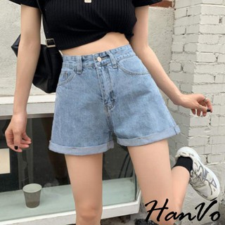 【HanVo】基本款反摺寬鬆高腰牛仔短褲 顯瘦復古高腰短褲寬褲A字褲老爹褲 車線反摺牛仔褲 女生衣著 A03-2035