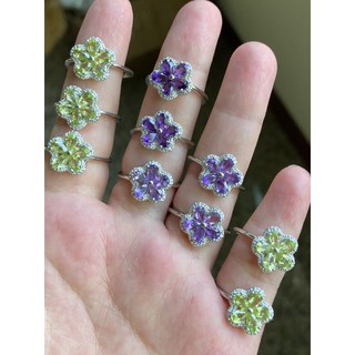 天然橄欖石戒指，紫水晶戒指，花朵戒指，半銀鑲嵌，指圈活口