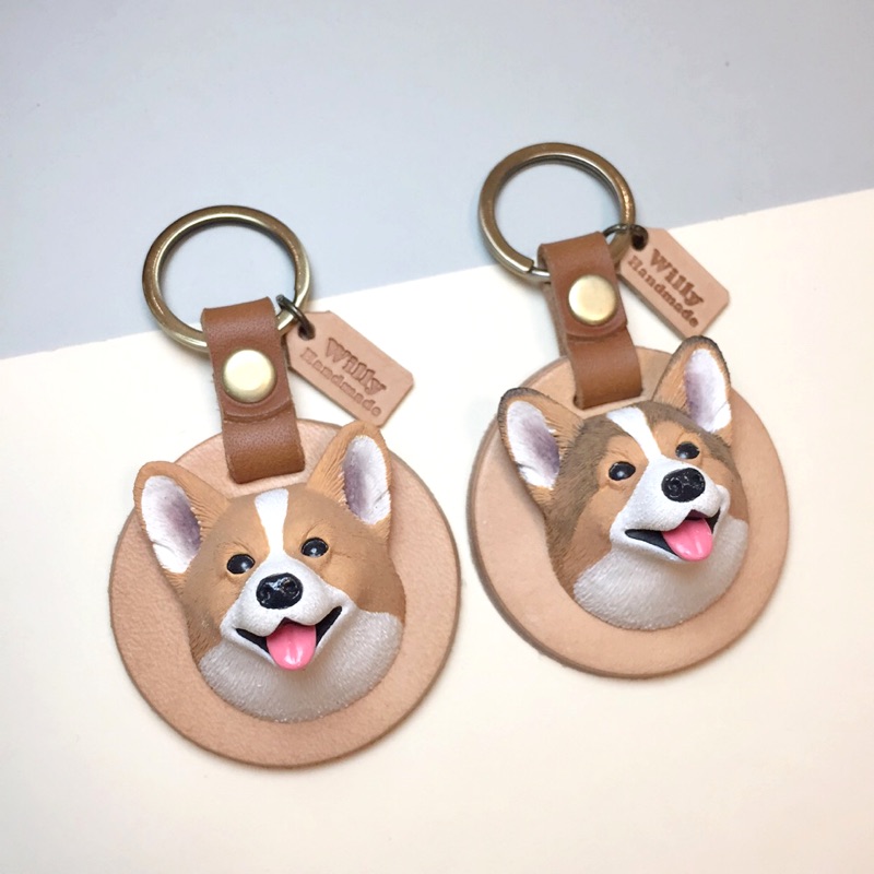 Q版柯基犬皮革鑰匙圈 二種款式 免費刻印英文字 蝦皮購物