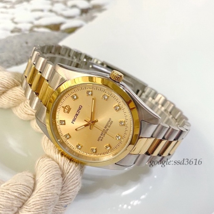 PROKING皇冠鑽錶 日本機芯台灣品牌 品質優/金+銀雙色帶/強化玻璃/整點+指針夜光/大小錶徑2035雙色金面鑽錶