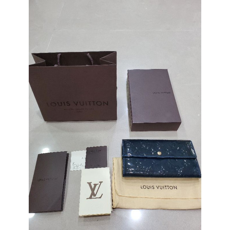 LV  路易威登 Louis Vuitton  藍色 漆皮拉鏈長夾 經典壓紋 扣式長夾 附防塵套 台灣購證 品牌卡 二手