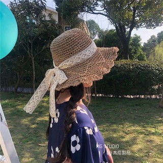 木瓜製品MG STUDIO/田園森女風蕾絲系帶草帽子夏季可折疊大檐帽休閒遮陽帽