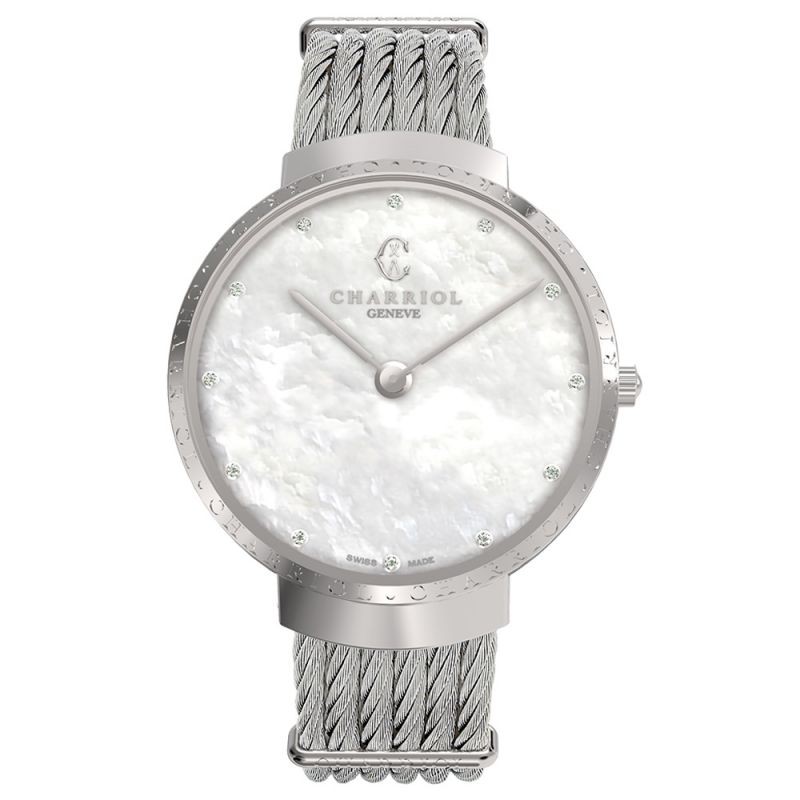 CHARRIOL 夏利豪 ST34CS560013 Slim系列銀色鑽石經典鋼索腕錶 /珍珠母貝面 34mm