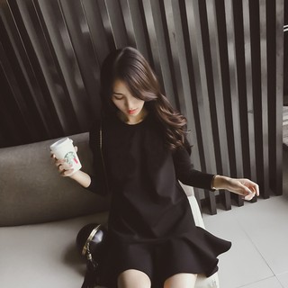 ♥S-3XL♥韓版黑色A字荷葉連身裙 長袖洋裝 魚尾洋裝婚禮洋裝 長袖洋裝 黑色洋裝A20008