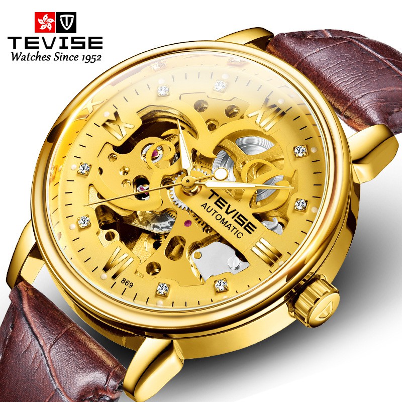 TEVISE  T869 指針式瑞士奢華金色表  雙面鏤空男士腕表  男款防水夜光機械手表