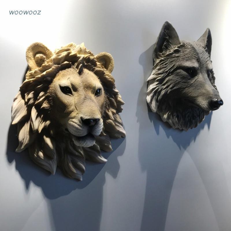 幸運*三維動物頭壁掛樹脂裝飾狼虎豹獅熊壁畫野生動物雕塑公仔雕塑