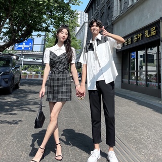 【COUPLE】💕💕2022夏季新品情侶裝拼色女襯衫式連衣裙男拼色短袖襯衫