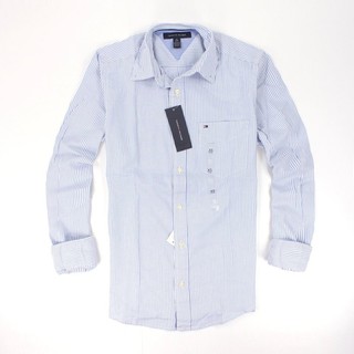 美國百分百【Tommy Hilfiger】TH 男 襯衫 長袖 上衣 休閒 口袋 藍色 白色 條紋 XS號 C565