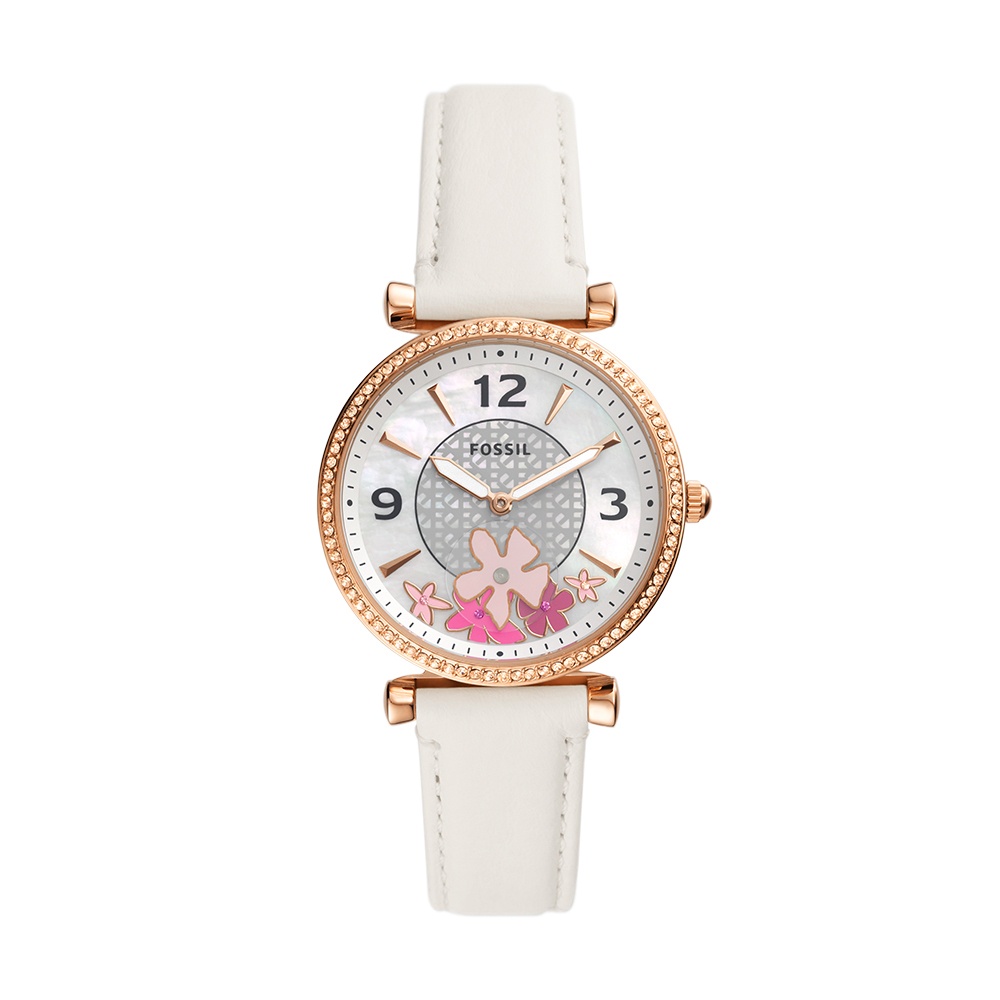 FOSSIL Carlie 清新花卉鑽圈女錶 白色皮錶帶錶款 35MM ES5187
