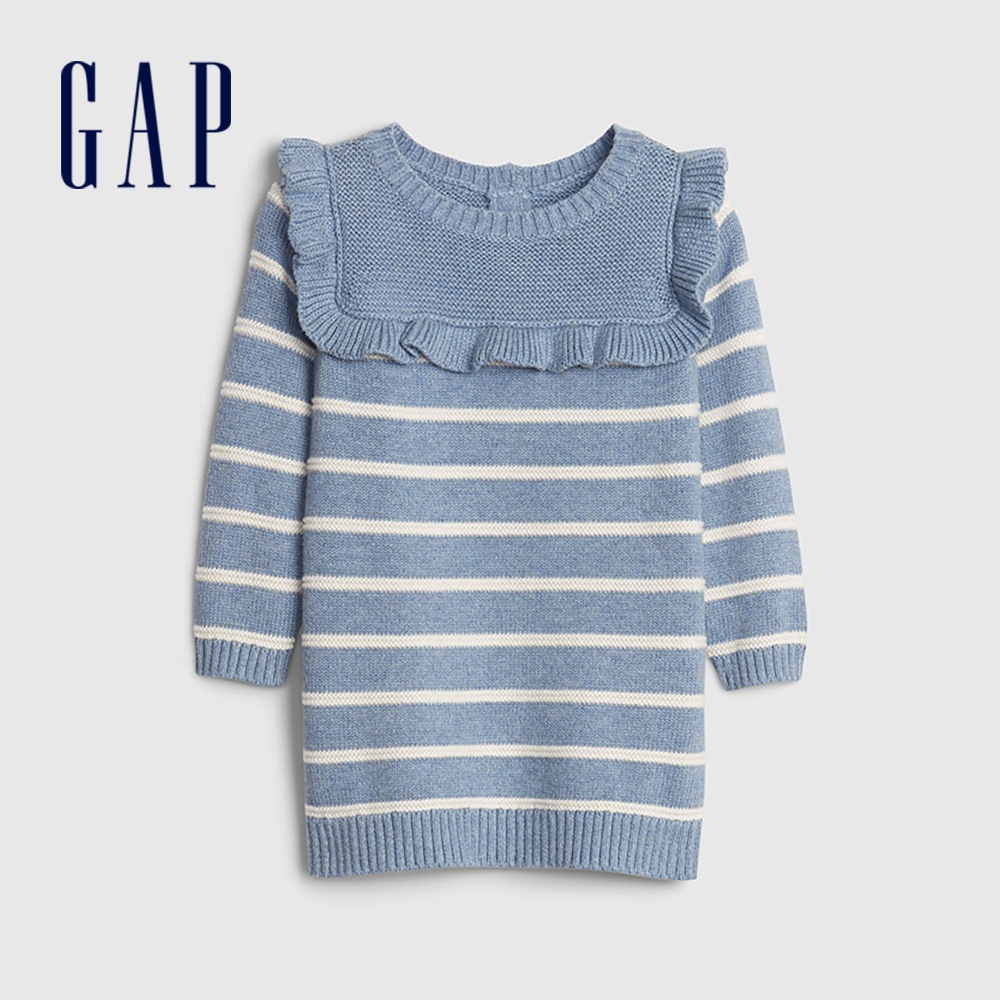 Gap 嬰兒裝 甜美風荷葉邊圓領長袖洋裝-藍色條紋(593705)