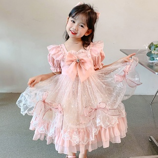 蘿莉塔 蘿莉塔 lolita 洋裝 羅莉塔 蘿莉塔女童夏短袖洋裝兒童公主夏季女寶寶兒童芭比粉色蓬蓬紗裙