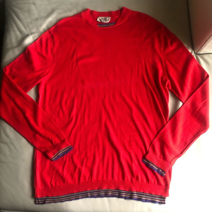 保證正品 Hermes 紅色 彩色領和袖 cashmere 圓領毛衣 SIZE XL