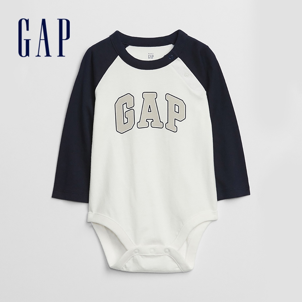 Gap 嬰兒裝 Logo撞色圓領長袖包屁衣-白色拼接(619802)