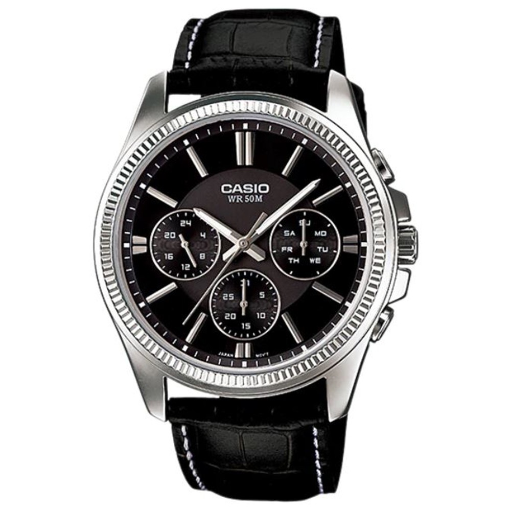 【CASIO】俐落閃耀跳色紳士皮帶腕錶-黑面(MTP-1375L-1A)正版宏崑公司貨