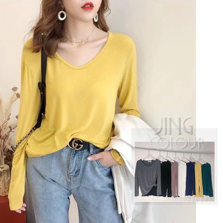 特價*4色現貨秒出♥️實拍【JinG】慵懶寬鬆*微透膚大V領上衣 微透視素面棉T 素T 長袖上衣 (可拉斜肩 一字領)