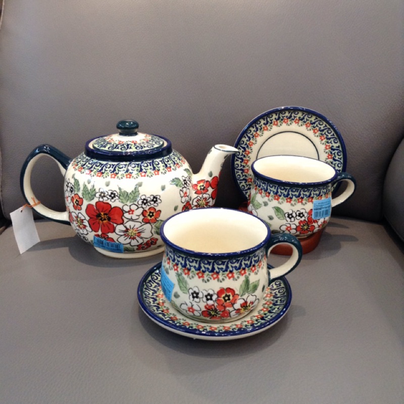 波蘭原裝進口～波蘭陶陶瓷紅色花朵系列下午茶組 咖啡杯壺組 花茶杯壺組