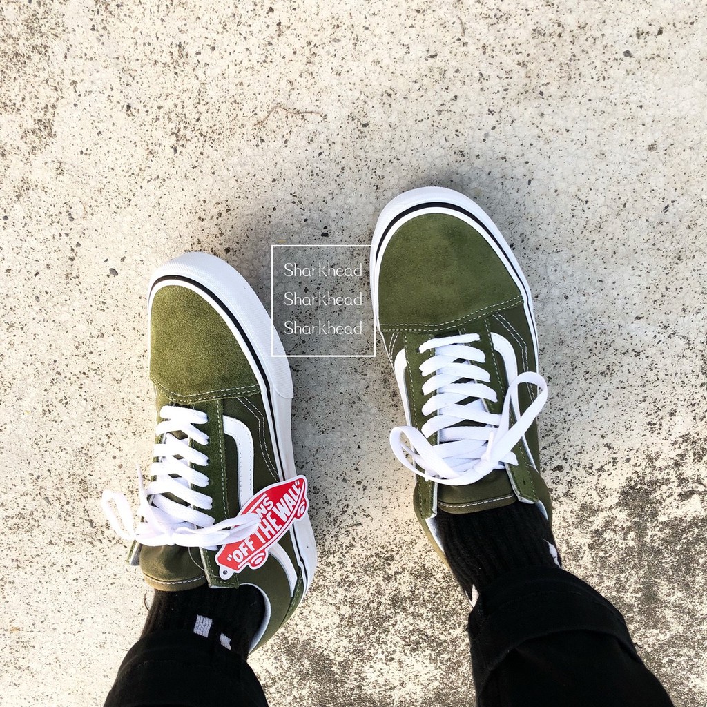 Sharkhead Vans Old Skool 深綠美線美式基本款麂皮滑板鞋復古白線棗綠 蝦皮購物