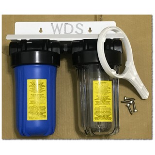(WDS)2道不鏽鋼吊片型水塔過濾器10英吋(含透明殼*1+藍殼*1)、大胖2道式水塔專用型(含板手)