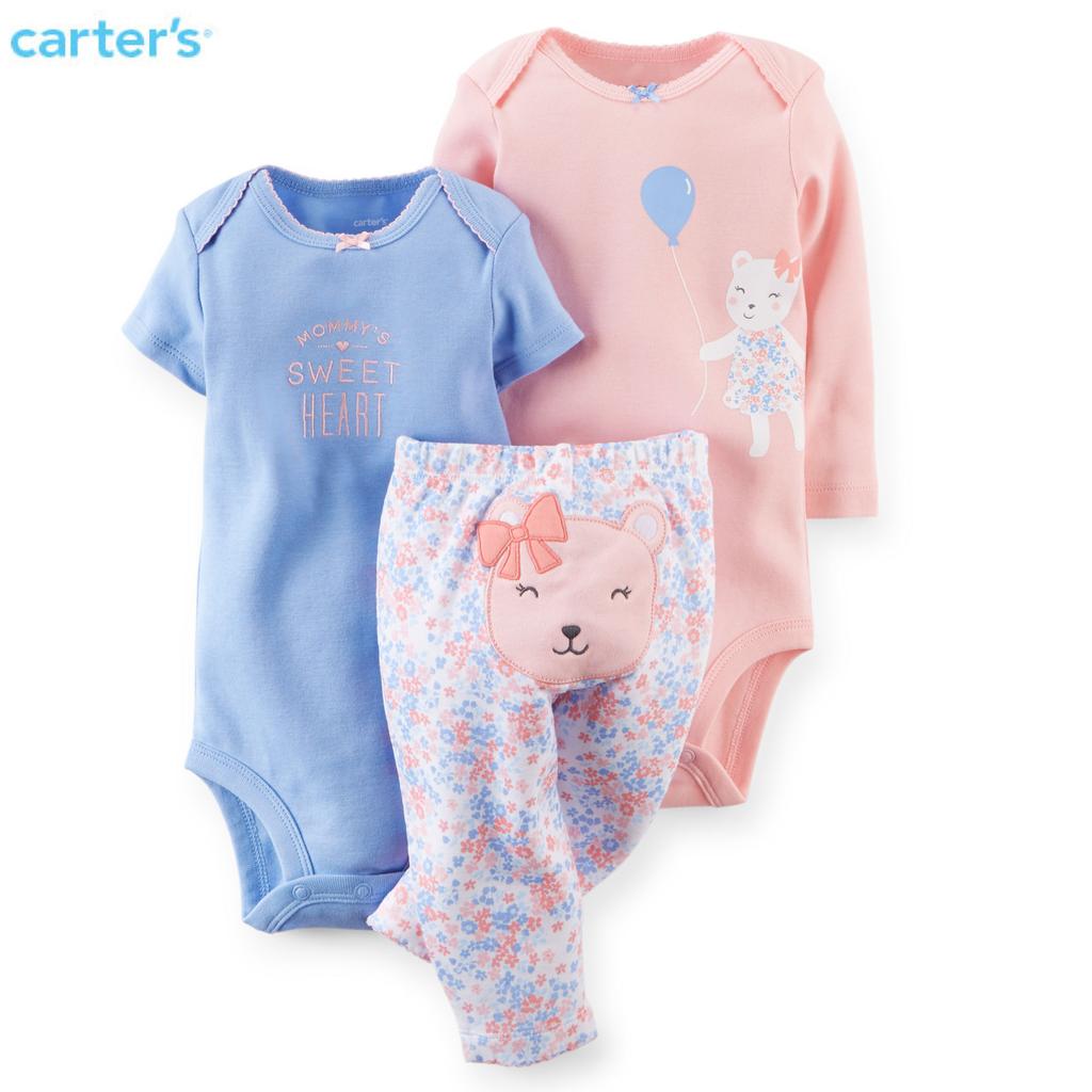 美國Carter's正品 女寶寶粉藍碎花小熊長、短袖包屁衣＋長褲三件組