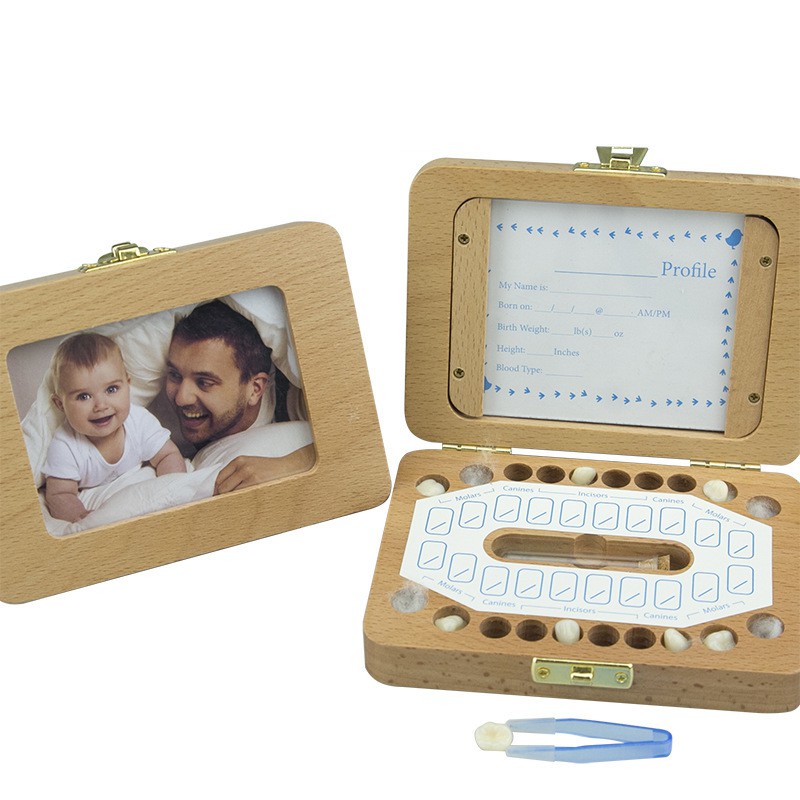 【CHL】牙屋 兒童 男女 寶寶 乳牙盒 木製 相框 圓角 牙齒保存盒  胎毛 收納 紀念 保存盒 英文版