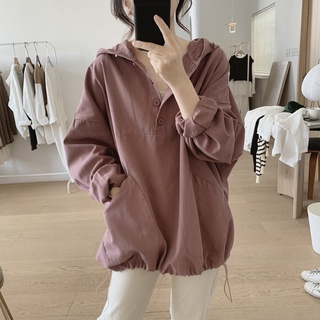 花灰灰🌟早秋必購款 l 百搭四色 工裝設計風抽繩縮口舒適棉質連帽上衣 秋季新款韓版寬鬆顯瘦連帽外套 帽T 長袖上衣
