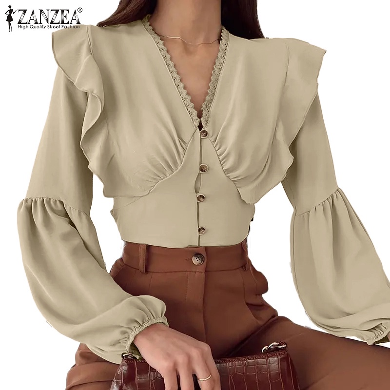 Zanzea 女士歐式時尚 V 領鑲板粉撲長袖荷葉邊鈕扣上衣