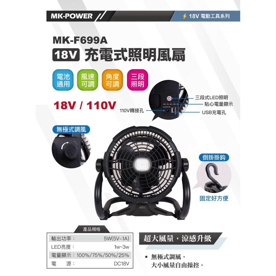 含稅 【新宇電動五金】MK-POWER 單主機 MK-F669A 11吋18V 充電式 LED照明 風扇 電風扇 牧田