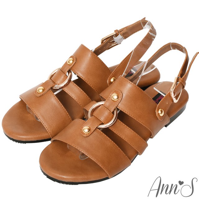 Ann’S復古派-金色圓環寬版平底涼鞋-棕