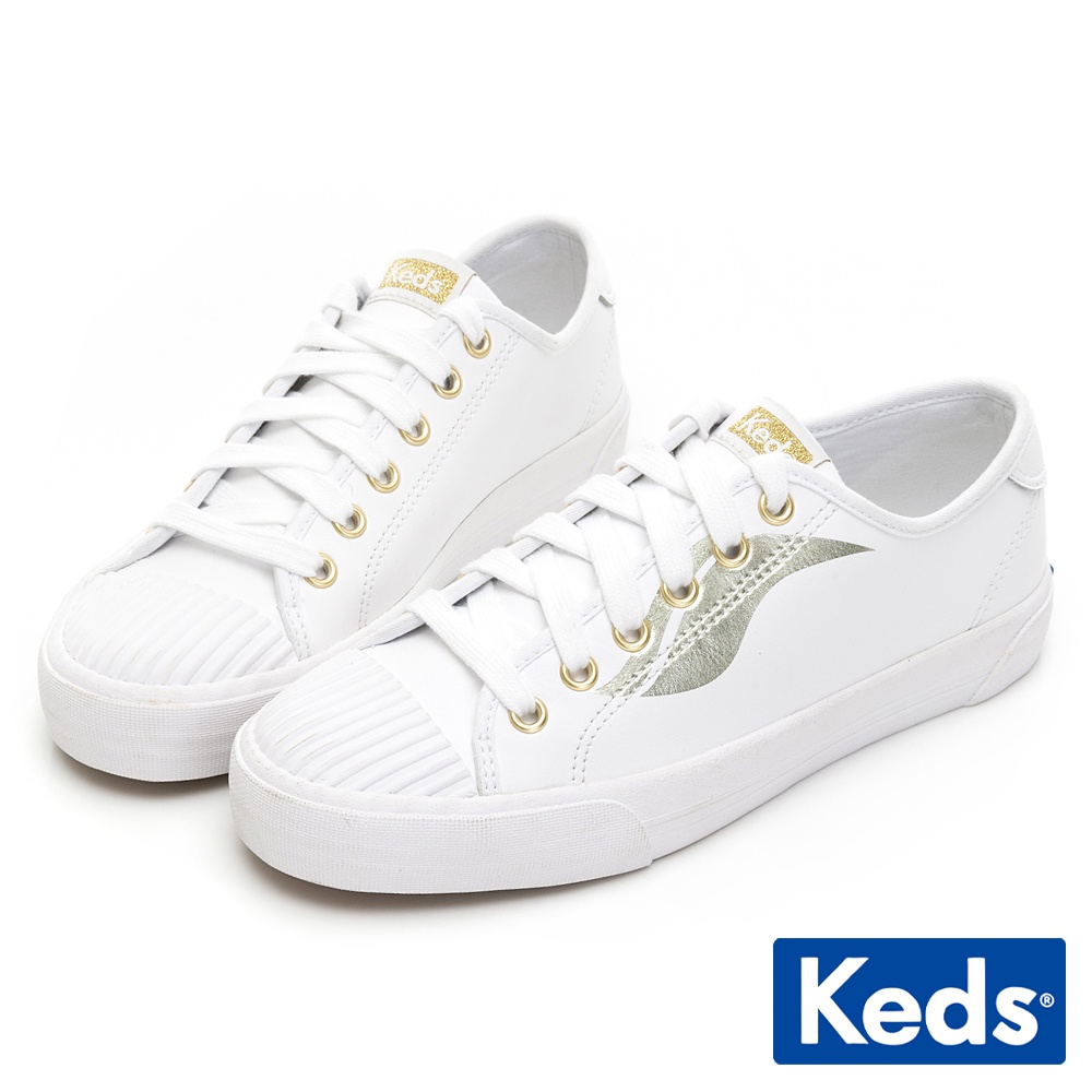 【Keds】CREW KICK 金Logo皮革綁帶休閒小白鞋-白 (9203W123103)