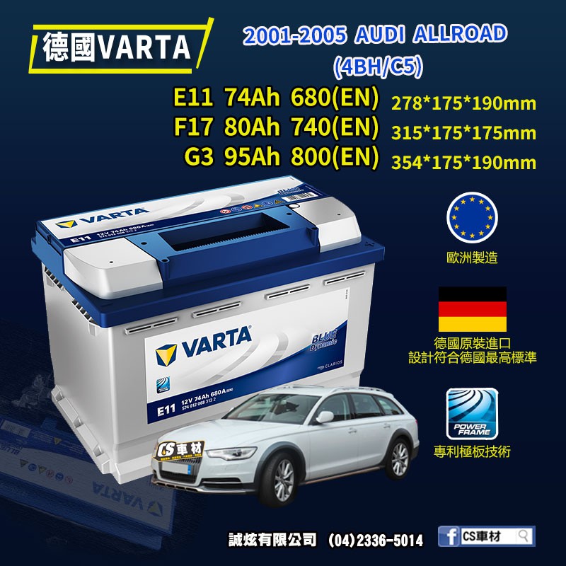 CS車材-VARTA 華達電池 AUDI ALLROAD (4BH/C5) 01-05年 E11 F17... 代客安裝