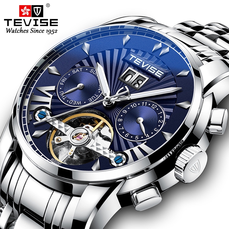【特威斯官方直營】瑞士TEVISE特威斯商務手錶男士機械表防水陀飛輪鋼帶手錶T9005F