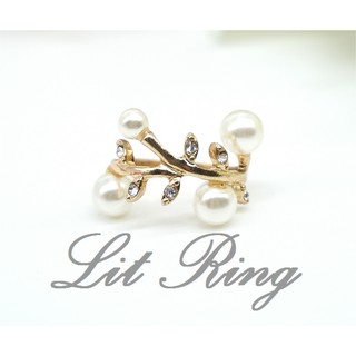 【Lit Ring】珍珠樹葉水鑽戒指。金色 優雅 文藝 森林系 樹枝 藤蔓 桂冠 鑲小珍珠 水鑽 戒指 尾戒 飾品 首飾