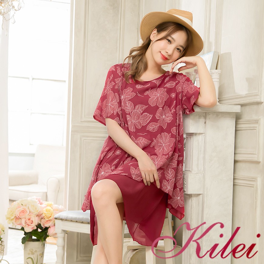 【Kilei】雙層次下擺不規則假兩件圓領印花麻紗短袖連身裙洋裝XA4168-02(魅力紅)大尺碼