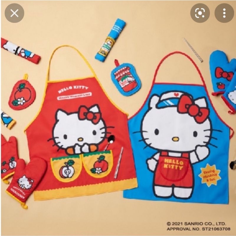 全聯 三麗鷗 Hello kitty 凱蒂貓 圍裙手套三件組（藍色款）／廚房用品