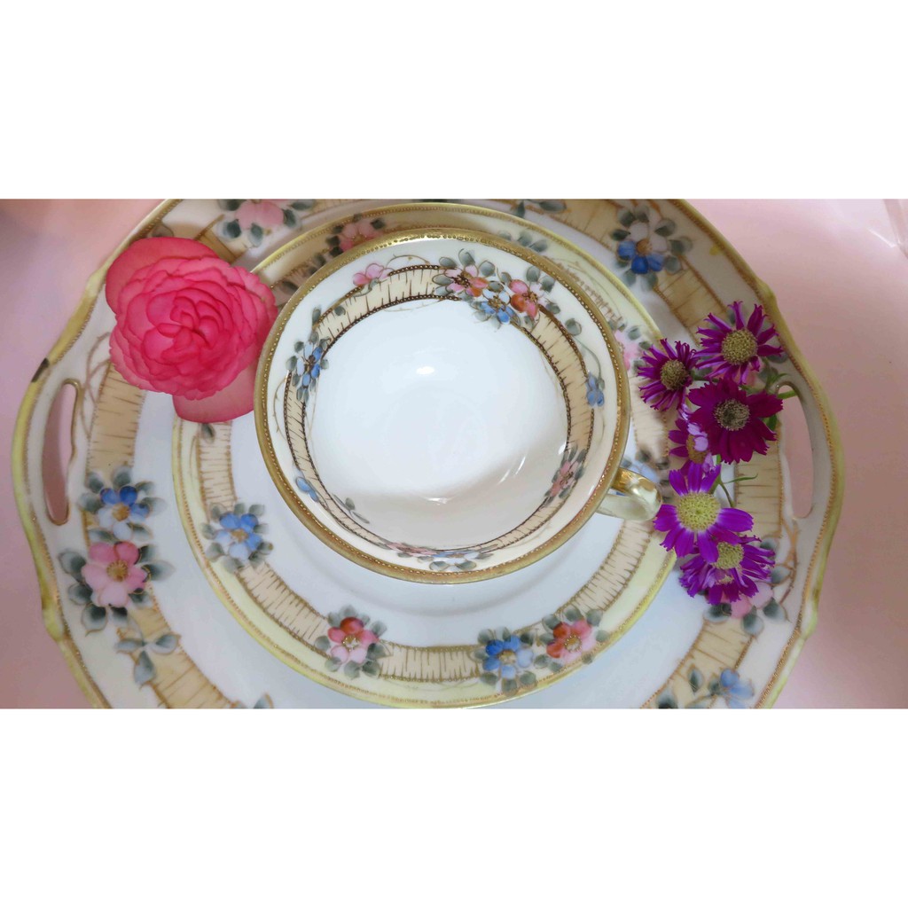 紫丁香歐陸古物雜貨♥ 日本1908年Noritake則武手繪花朵立體金色串珠下午茶杯盤.咖啡杯盤組一
