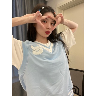 馬甲學院風國潮寬鬆背心春秋V領日系可愛百搭顯瘦無袖疊穿上衣女