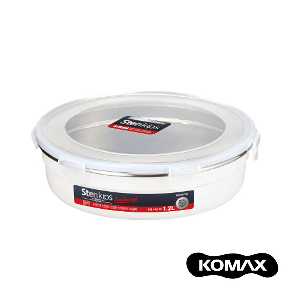 韓國KOMAX Stenkips 圓型不鏽鋼保鮮盒1200ml白色 索樂生活 不銹鋼收納食物醃漬密封罐樂扣蓋便當飯盒