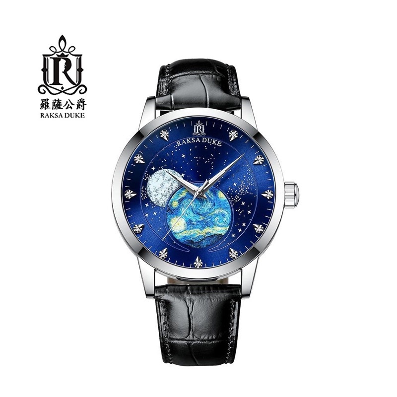 蘇格蘭皇家品牌 RAKSA DUKE羅薩公爵 日月夜璀璨星空自動上鍊機械黑皮帶腕錶 全新公司貨