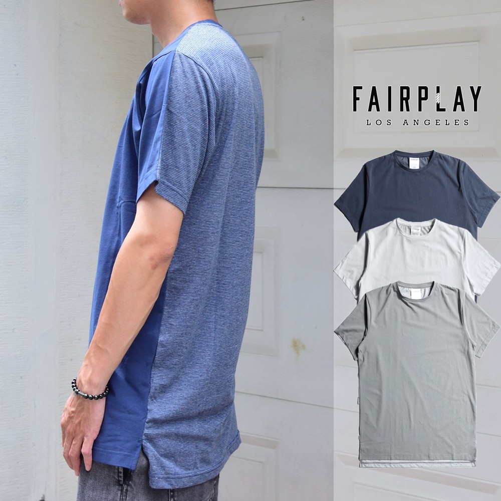 FairPlay Reid 黑 灰 藍 短袖T恤 休閒 長版 內搭 棉質 拼接 素T 短T 前短後長 O/T