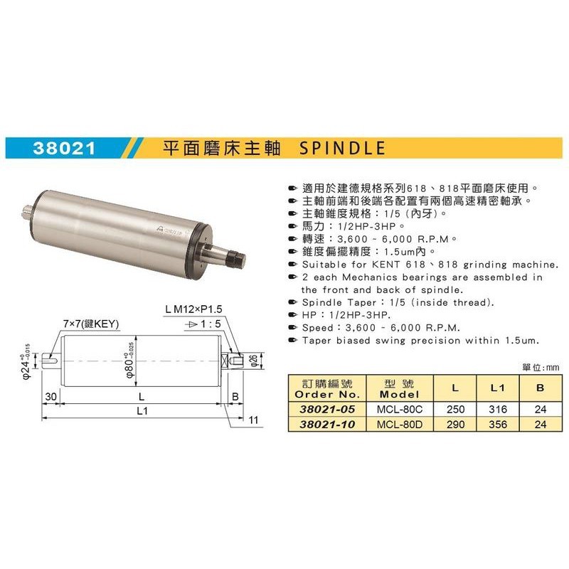 米其林 MATCHLING 38021 平面磨床主軸 (建德618.818) 價格請來電或留言洽詢