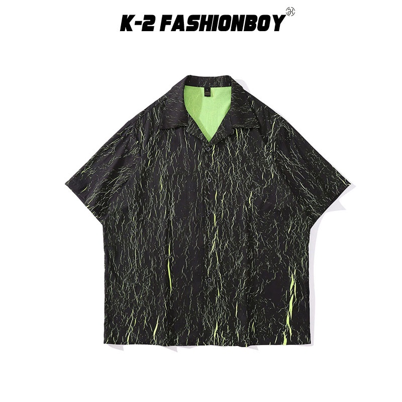 【K-2】斑駁TRAP 螢光綠 線條 滿版 撞色襯衫 短袖襯衫 說唱 個性 寬鬆 襯衫 情侶【B194】