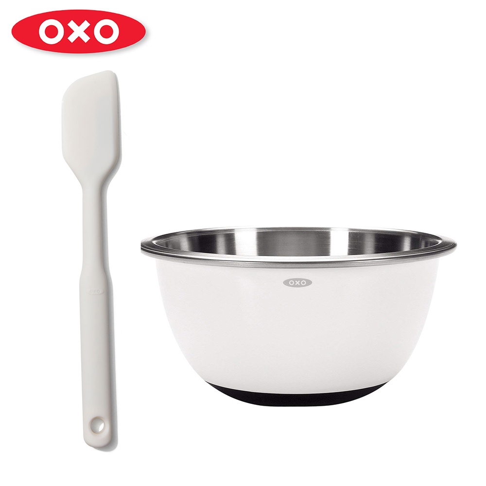 美國【OXO】超值組合-烘焙必備雙冠王二件組(不鏽鋼止滑攪拌盆 2.8L+矽膠刮刀)