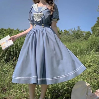 日系水手服洋裝夏季新款大呎碼拼色學院風連衣裙女夏季新款學生百搭寬鬆海軍領仙女A字裙女學生洋裝