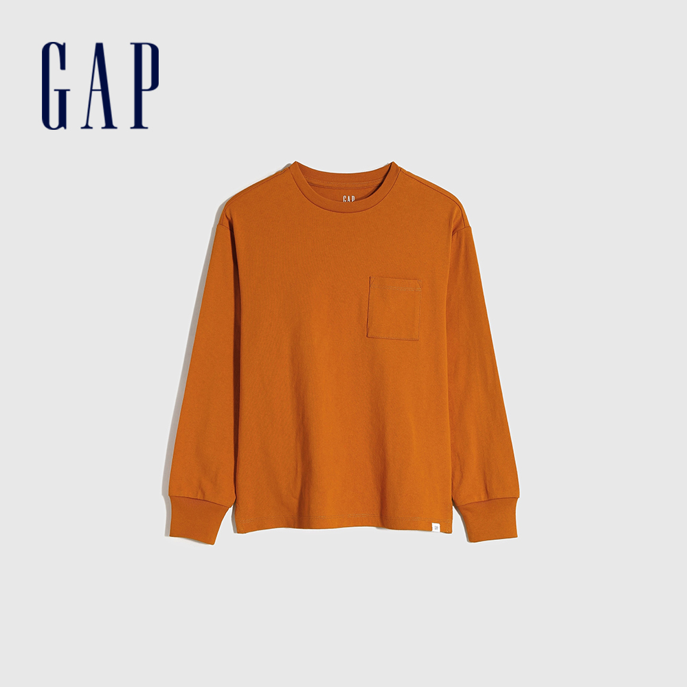 Gap 男童裝 舒適純棉圓領長袖T恤 厚磅密織系列-橘色(661665)
