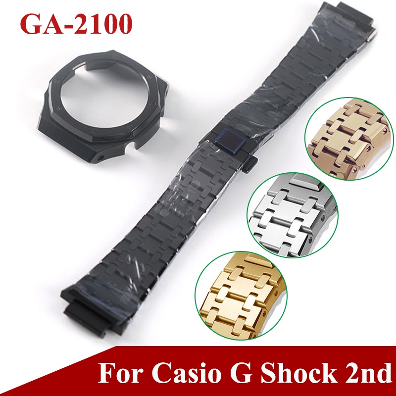 適配第二代 GA2100 型號 金屬錶殼+不銹鋼錶帶套裝帶螺絲工具 用於 GA-2100