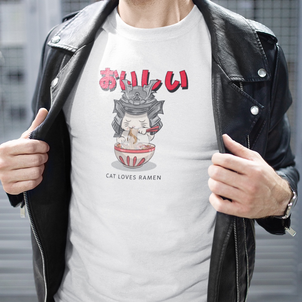 CAT LOVES RAMEN 中性短袖T恤 白色 拉麵日本武士東京浮世繪純棉韓版寬鬆情侶潮T幽默貓咪班服團體服活動