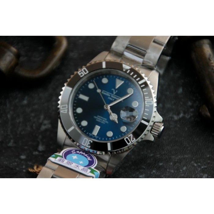 emilio valentino范倫鐵諾～黑陶瓷框～藍面水鬼submariner日本miyota2315機心藍寶石錶鏡