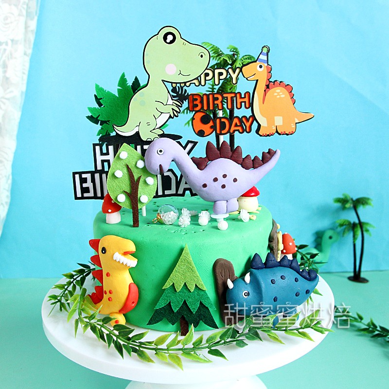 新款;-)現貨烘焙蛋糕裝飾恐龍主題生日蛋糕裝飾裝飾軟陶插件恐龍插牌男孩蛋糕